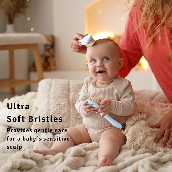 Baby Hair Brush Set for Newborns - Baby Brush and Comb Set - Ultra Soft Goat Hair Bristles, Perfect for Cradle Cap, Newborn Showers & Registries Gift, Comb Brush for Girls & Boys (Sky)-CubbioJoy