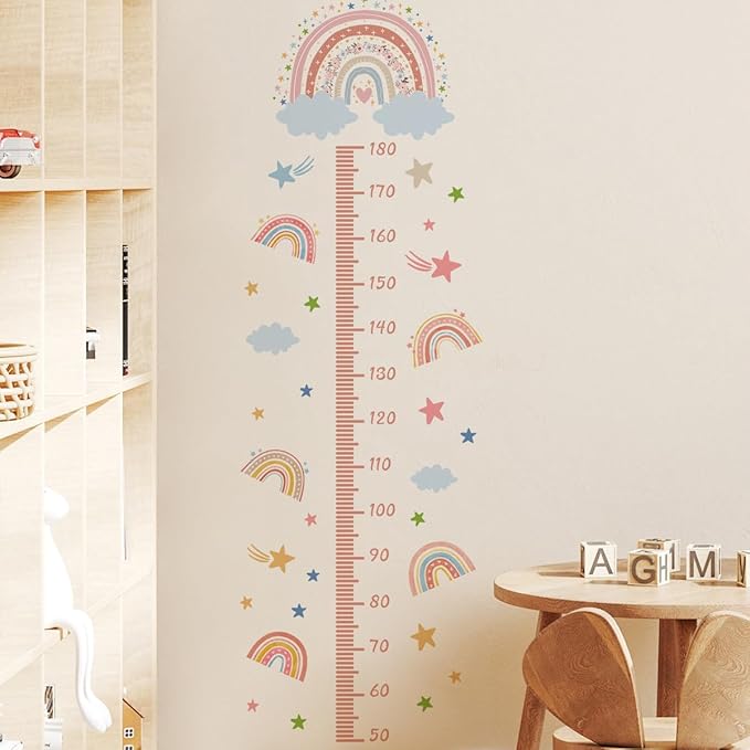 3D Cartoon Height Growth Chart for Kids - Removable DIY Pink Rainbow Wall Decal Peel and Stick Stars and White Clouds Wall Art Decor for Kids Nursery, Bedroom, Bathroom-CubbioJoy