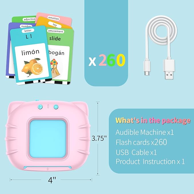 Bilingual Educational Toys, Spanish English 520 Sight Words Talking-Flash-Cards, Preschool-Learning-Activities, Montessori-Toys, Toddler Toys for 2 3 4 5 6 Year Old Boys and Girls, Pink-CubbioJoy