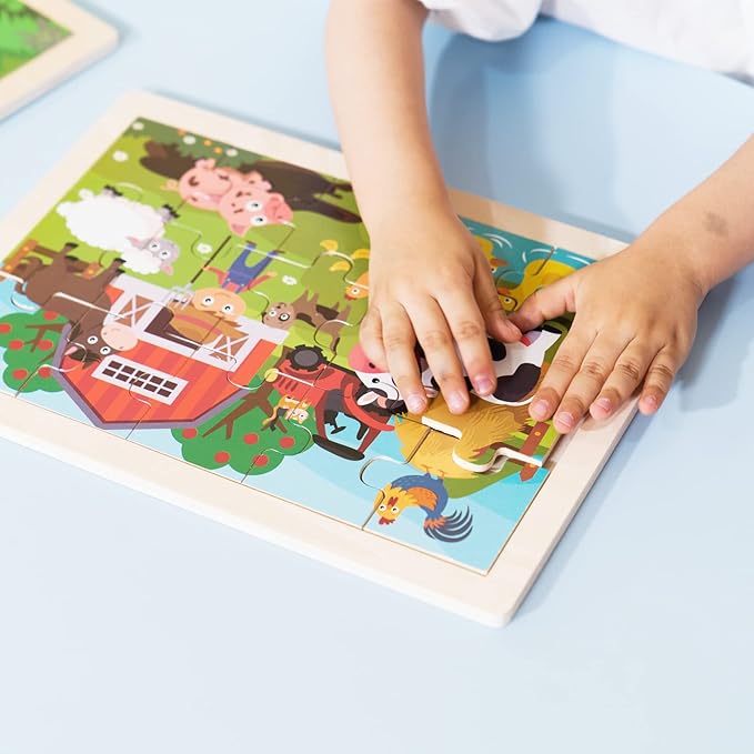 Animals Wooden Jigsaw Puzzle for Kids Set of 2 - African Wildlife and Farm Animals（15 pcs） Preschool Educational Learning Toys Gift for Toddlers Boys and Girls-CubbioJoy