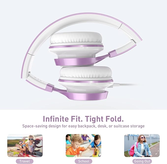 AILIHEN MS300 Purple Girl Headphones Wired with Microphone for Chromebook Laptop Computer, 3.5mm Foldable Lightweight on-Ear Headphones for School Teen Students-CubbioJoy