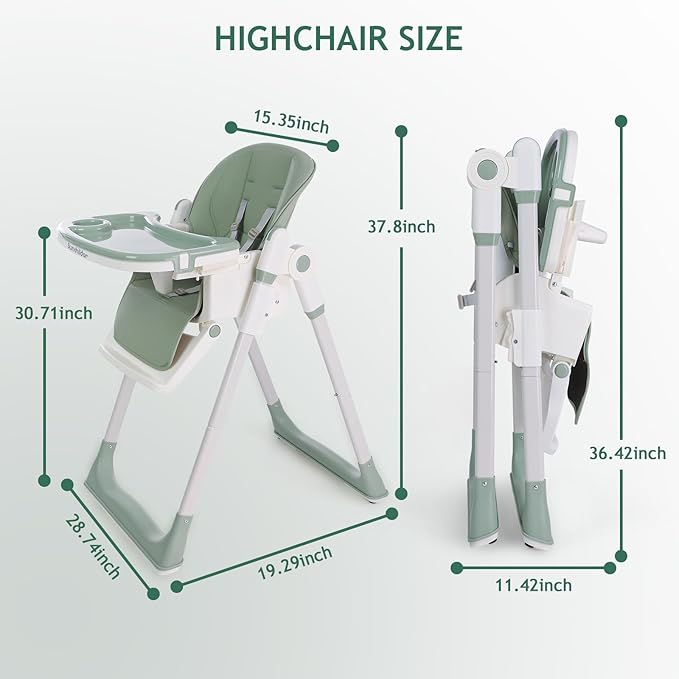 3 in 1 Baby High Chair with Wheels, Adjustable 5 Point Harness, Tray, Foot Rest, Backrest and Seat Height, Foldable High Chair for Toddlers, Green-CubbioJoy