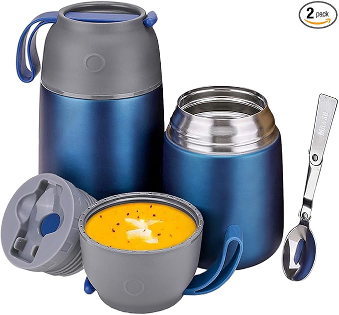 Insulated Thermo Food Jar for Hot & Cold Food for Kids Adult, 17&24 oz Soup Thermal Hot Food Containers for Lunch, Triple Layer Insulation Stainless Steel Food Jar with Spoon (2 Pack Blue)-CubbioJoy