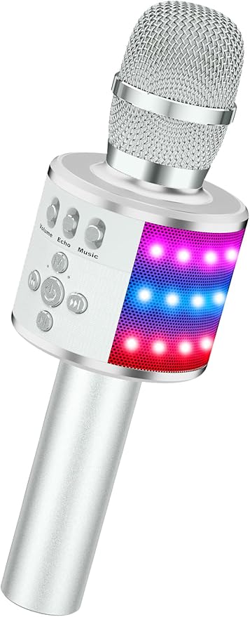 BONAOK Karaoke Microphone for Kids & Adults - Bluetooth Microphones Singing Mic with Disco Lights, Echo Effect, Built-in Speaker Portable Karaoke Player for Party Travel Gifts Q78(Silver)-CubbioJoy