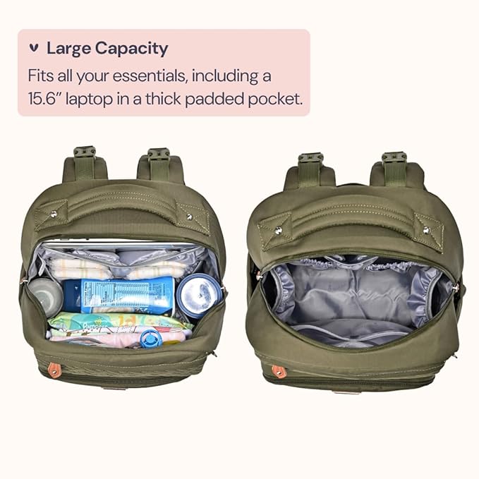 BabbleRoo Diaper Bag Backpack, Travel Backpack with Changing Pad, Pacifier Case & Stroller Straps, Multifunction, Waterproof, Unisex – Army Green-CubbioJoy