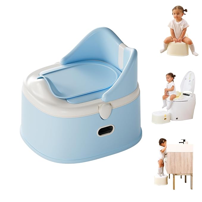 3 in 1 Toddler Potty Training Toilet Seat with Steps Ladder, Foldable Potty Train Chair Adapter for Toddlers Kids Boys Girls, Blue-CubbioJoy