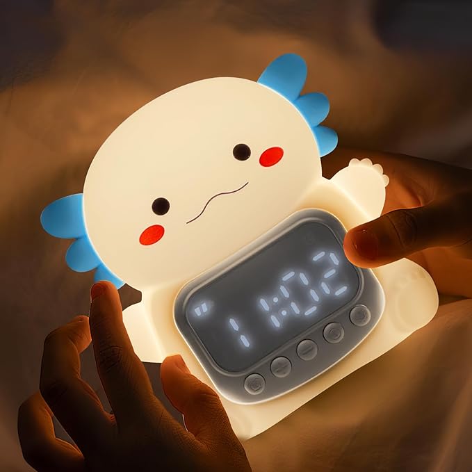 Axolotl Alarm Clock with Night Light for Kids, 7 RGB Color Cute Alarm Clocks for Bedrooms Ok to Wake Clocks, Silicone Animal Tabletop Lamp for Teen Girls Boys, White-CubbioJoy