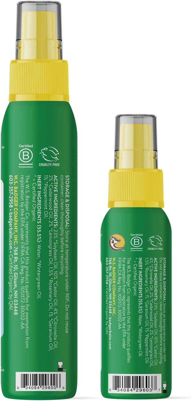 Badger Bug Spray, Family Friendly All Natural Mosquito Repellent w/Organic Essential Oils, Great Smelling Citronella Spray, Effective for 3 Hours, Combo 2-Pack 4 fl oz + 2.7 fl oz-CubbioJoy