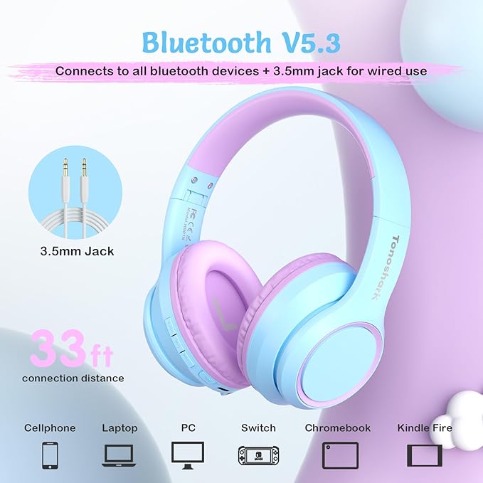 Active Noise Cancelling Headphones for Kids, 60H Playtime,Purple Wireless Bluetooth Over-Ear Headset Built-in Microphone for Home/School/Travel/Party - Includes Portable Case-CubbioJoy