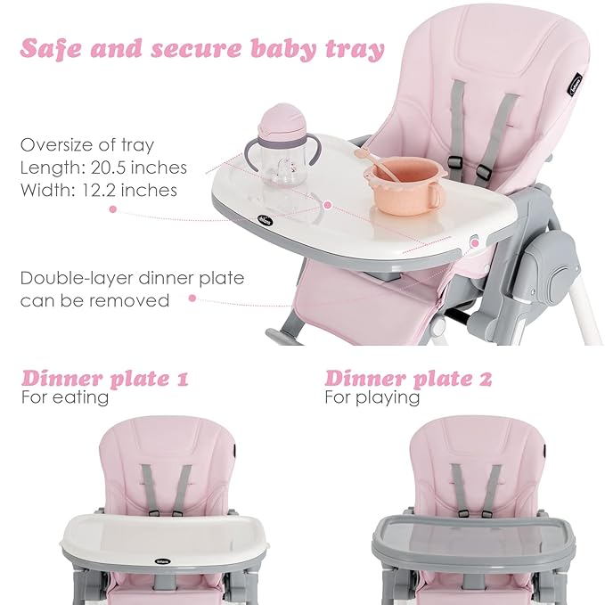 INFANS High Chair for Babies & Toddlers, Foldable Highchair with Multiple Adjustable Backrest, Footrest and Seat Height, Removable Tray, Detachable PU Leather Cushion, Built-in Rear Wheels (Pink)-CubbioJoy