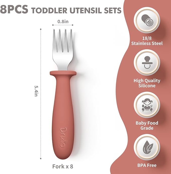 DRKIO 8 Pieces Toddler Forks Set - Baby Forks with Silicone Handle Children safe 18/8 Stainless Steel Toddler Utensils Set for Self Feeding Kids Silverware Anti-Choke Design Food Grade Dishwasher Safe-CubbioJoy