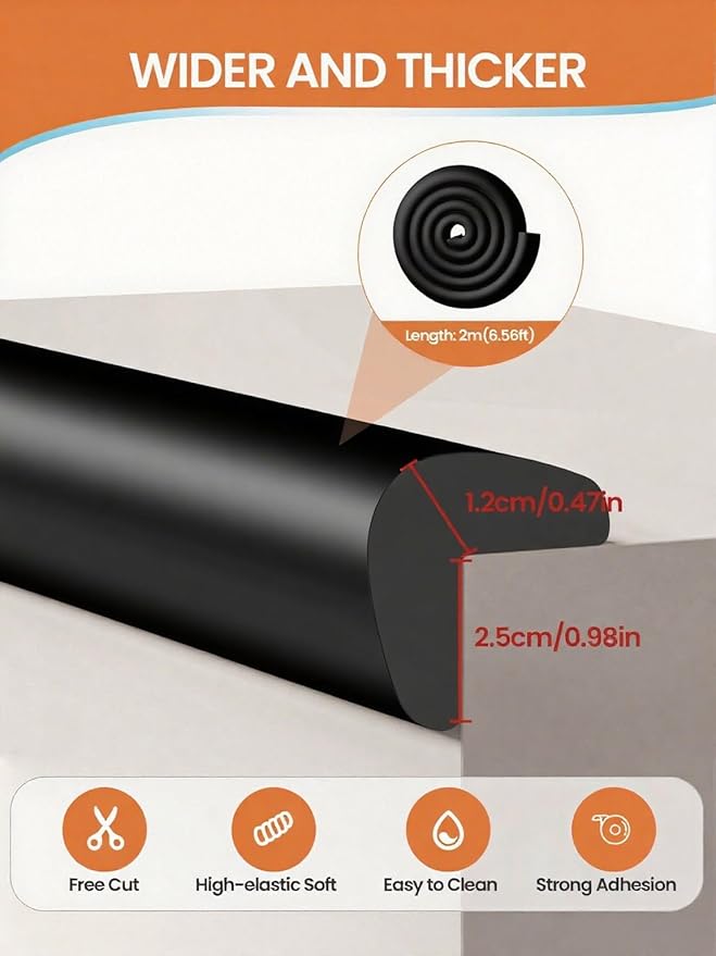Baby Proof Edge Corner Protector, 6.56FT 0.47''Th L-Shape Furniture Corner & Edge Safety Bumpers with 6 Corners, Pre-Taped, Soft NBR Rubber Foam Desk Edge Cushion Wall Corner Protector（Black）-CubbioJoy