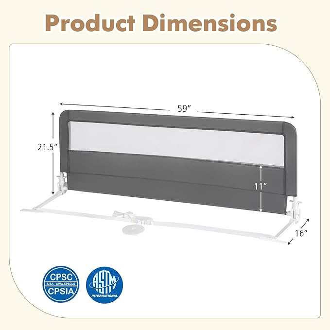 BABY JOY Bed Rails for Toddlers, 59‘’ Extra Long, Upgraded Swing Down Bed Guard w/Safety Straps, Folding Baby Bedrail for Kids Twin, Double, Full Size Queen & King Mattress (Gray, 59-Inch)-CubbioJoy