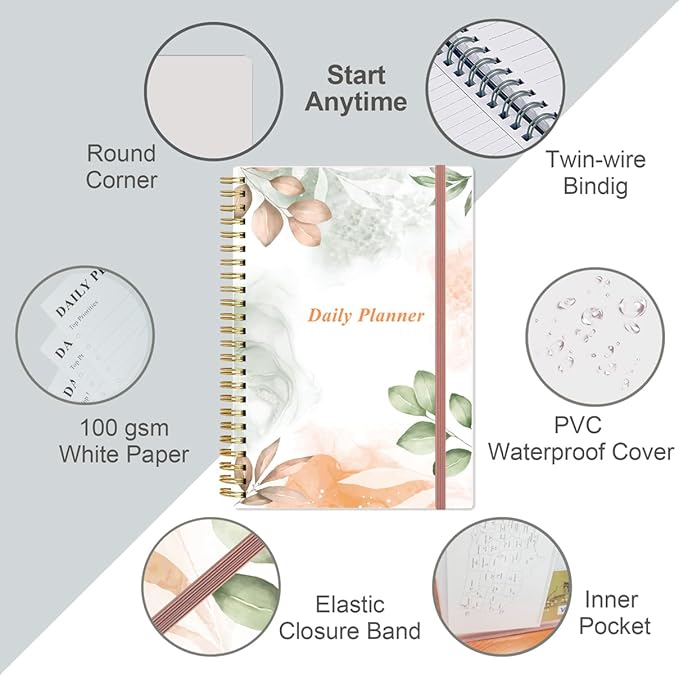 Daily Planner Undated - A5 To Do List Notebook Hourly Schedules, Spiral Appointment Planner for Women and Men, PVC Hardcover, Inner Pocket, Elastic Closure, 5.8" x 8.3", Rose Leaf-CubbioJoy