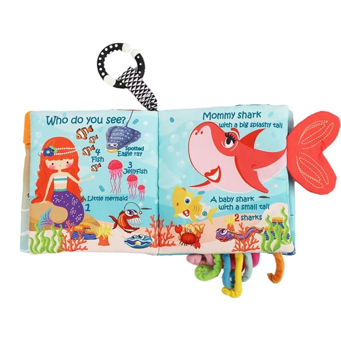 Cloth Crinkle Books for Babies Toddler – Touch and Feel Soft Baby Books, Interactive Early Learning Toys for Infants 0-6-12-18 Months Gift, Teething Toy with Teether, Fish, Octopus, Shark-CubbioJoy