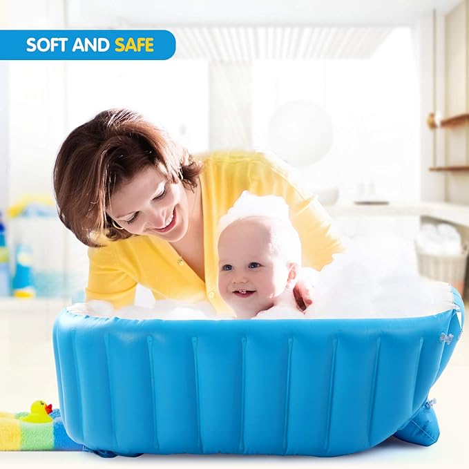 Baby Inflatable Bathtub, Portable Infant Toddler Bathing Tub Non Slip Travel Bathtub Mini Air Swimming Pool Kids Thick Foldable Shower Basin with Air Pump, Blue-CubbioJoy