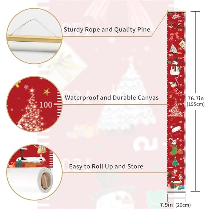 Christmas Decorations, Growth Chart for Wall, Height Chart for Kids, Xmas Nursery Decor, Hanging Ruler Wall Decor, Baby Room Decor, Christmas Gifts for Boys Girls - 76.7 x 7.9 inch with Beige Wood-CubbioJoy