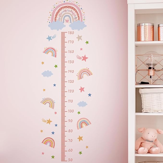3D Cartoon Height Growth Chart for Kids - Removable DIY Pink Rainbow Wall Decal Peel and Stick Stars and White Clouds Wall Art Decor for Kids Nursery, Bedroom, Bathroom-CubbioJoy