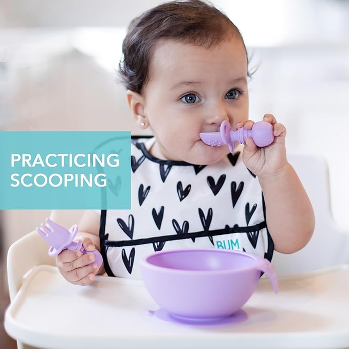 Bumkins Baby Utensils Set, Chewtensils Silicone Spoons for Dipping, Self-Feeding, Baby Led Weaning, Trainer Learning, First Stage Eating, Soft Practice Fork and Spoon, Babies 6 Months, Lavender-CubbioJoy