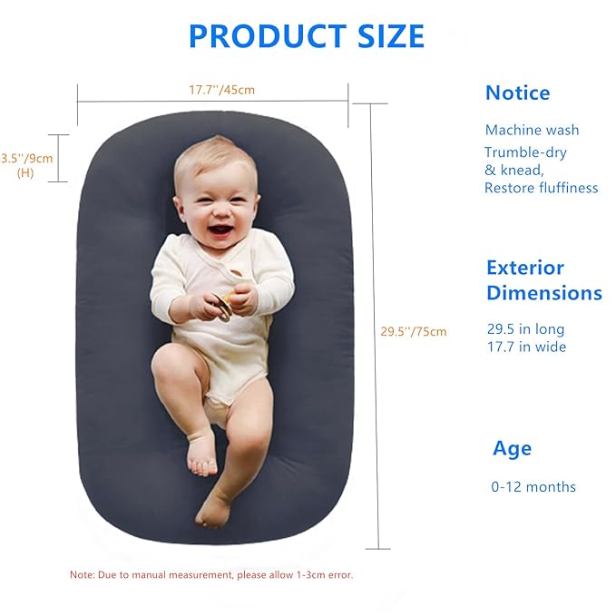 Baby Lounger for Newborns, Baby Nest & Floor Cushion, Soft Cotton, Portable Diaper Changing Pads for Boys & Girls 0-12 Months (Dark Gray)-CubbioJoy