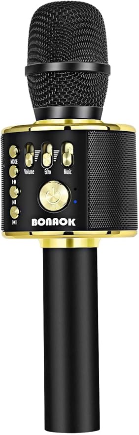 BONAOK Wireless Bluetooth Karaoke Microphone, 3-in-1 Portable Handheld Mic Speaker Machine for All Smartphones, Gifts to Girls Boys Kids Adults All Age Q37(Black Gold)-CubbioJoy