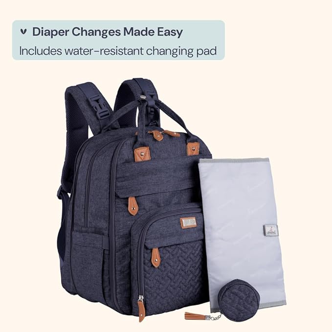 BabbleRoo Extra Large Diaper Bag Backpack, Expandable Baby Bag with Up to 50% More Capacity - Travel Essentials Baby Bag Tote with Changing Pad, Stroller Straps & Pacifier Case - Unisex, Denim Blue-CubbioJoy