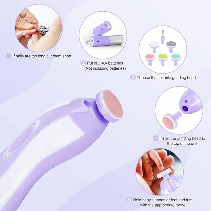 Baby Nail Trimmer Electric, 6 in 1 Baby Nail File Clippers Infant Grooming Kit Manicure Set for Toddler or Adults, Purple-CubbioJoy