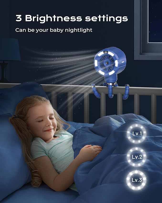 6000mAh Misting Fan for Stroller, 3 Speeds Portable Clip Fan with Intermittent/Continuous Spray, 14H Cooling, Detachable Mount, Timer & Night Light for Baby (100ML Water Tank)-Darblue-CubbioJoy