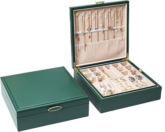 2-layer jewelry box，Jewelry Organizer with Handle，with hanging necklace hooks, detachable jewelry trays, suitable for storing a large amount of jewelry gift box (Large-Green)-CubbioJoy