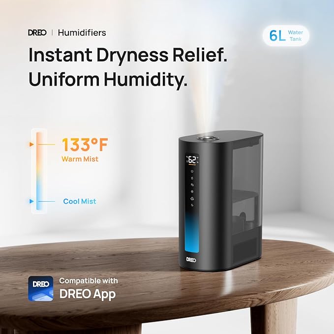 Dreo 6L Humidifiers for Bedroom, Smart Warm & Cool Mist for Large Room, 60Hr Quiet Runtime for Baby, Plant, Humidity Sensor, Indicator Light, 12H Timer, Google/Alexa, Black-CubbioJoy