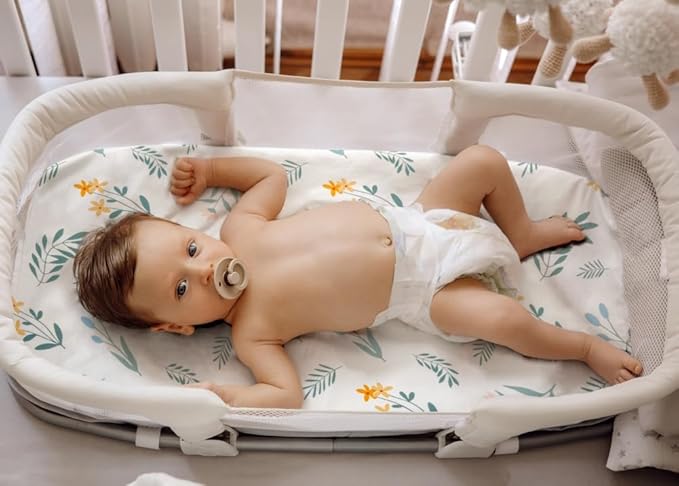 4 Pack Sage Green Fitted Nursery Sheets Breathable Neutral Unisex Baby Sheets for Boys or Girls with Leaf and Flower Design (Bassinet)-CubbioJoy