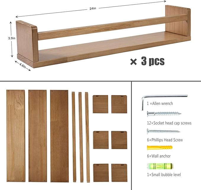 AZSKY Nursery Shelves Light Walnut Floating Book Shelf Organizer for Baby Nursery Décor Wall Book Shelves for Kids Room 24 Inch Wood Wall Ledge Shelves for Bathroom Kitchen Spice Rack a Set of 3-CubbioJoy
