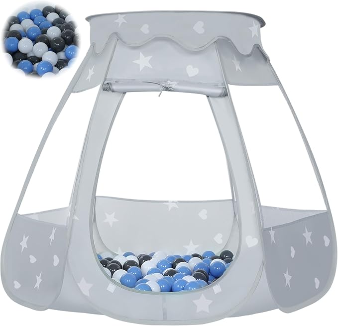 Baby Ball Pit for Toddler with 50 Balls, Kids Pop Up Play Tent for Girls, Princess Toys Gifts for Children Indoor & Outdoor Playhouse (Gray: Gray/White/Babyblue, 109x90cm/50 Balls)-CubbioJoy