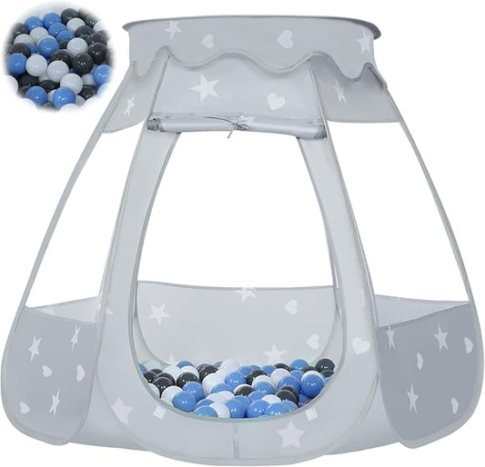 Baby Ball Pit for Toddler with 50 Balls, Kids Pop Up Play Tent for Girls, Princess Toys Gifts for Children Indoor & Outdoor Playhouse (Gray: Gray/White/Babyblue, 109x90cm/50 Balls)-CubbioJoy