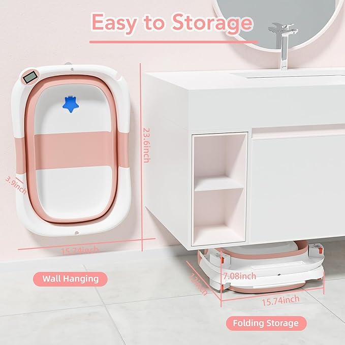 Collapsible Baby Bathtub,Baby Bath Tub with Soft Cushion & Thermometer,Baby Bathtub Newborn to Toddler 0-36 Months,Portable Travel Baby Tub-CubbioJoy