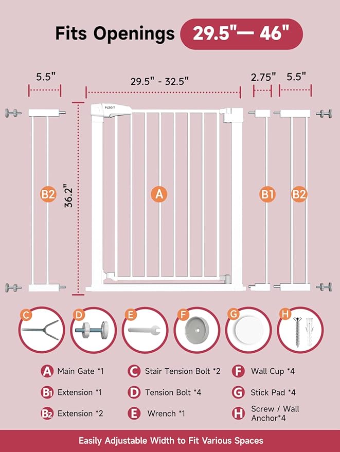36.2" Extra Tall Baby Gate for Stairs, 29.5-46" Wide Dog Gate for Doorways, Walk Thru Auto Close Metal Child Gate for The House, Stairs and Doorways, Pet Gate Pressure Mounted Dog Gate Indoor (White)-CubbioJoy