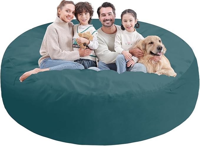 7FT Bean Bag Chair, Large Bean Bag Chairs with Memory Foam Filled, Fluffy Beanbag Sofa with Dutch Velvet Cover, Round BeanBag Chairs for Living Room, Playroom - Sea Blue-CubbioJoy