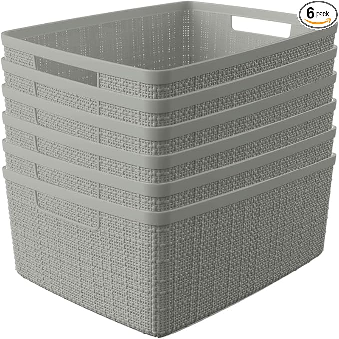 Curver Jute Decorative Plastic Organization and Storage Basket Perfect Bins for Home Office, Closet Shelves, Kitchen Pantry and All Bedroom Essentials, (Set of 6), Grey, Medium-CubbioJoy