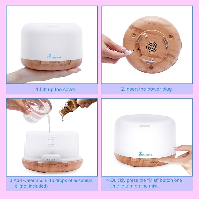 Diffuserlove Diffuser Essential Oil Diffusers 500ML Remote Control Aroma Diffuser Cool Mist Aromatherapy Diffuser with Mute Design, Timer and Auto Shut-Off for Office Living Room Yellow-CubbioJoy