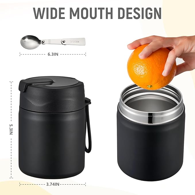 17oz Soup Thermo for Hot Food Kids Insulated Vacuum Food Jar with Stainless Steel Spoon Wide Mouth Thermo Leakproof Lunch Food Container Kids Hot Lunch Box (Black)-CubbioJoy