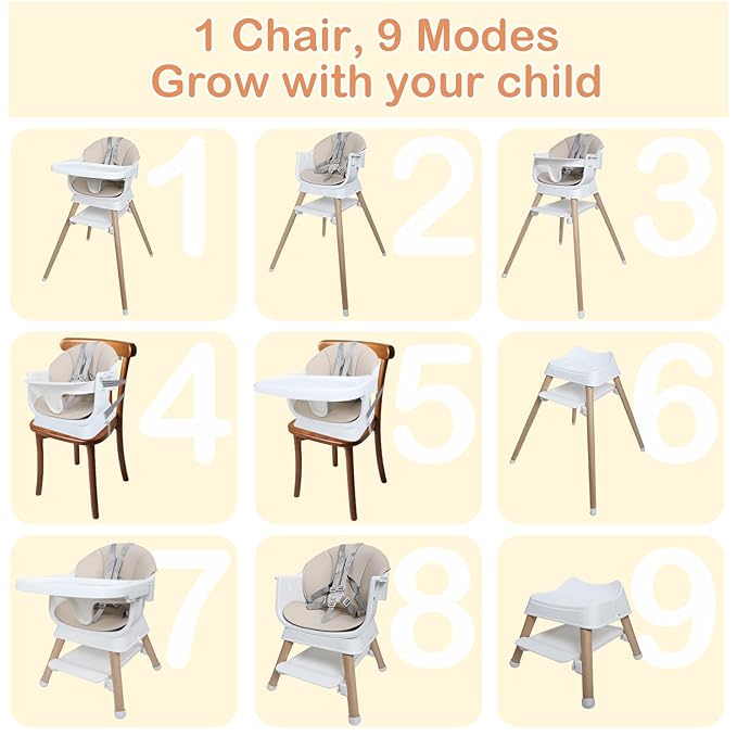 9 in 1 Convertible Baby High Chair with Booster, Wooden Highchair for Babies and Toddlers with Adjustable Tray & 5-Point Harness, Multi-Functional Growing Seat for Feeding, Learning & Play, Beige-CubbioJoy