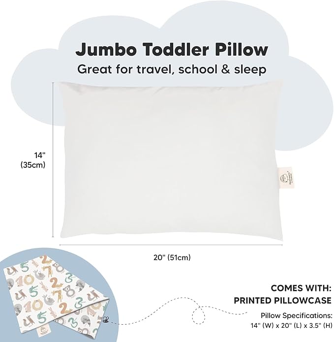 KeaBabies Toddler Pillow with Pillowcase, Jumbo 14X20 - Soft Organic Cotton Toddler Pillows for Sleeping - Machine Washable - Perfect for Travel, Toddler Bed Set (Wild Count)-CubbioJoy