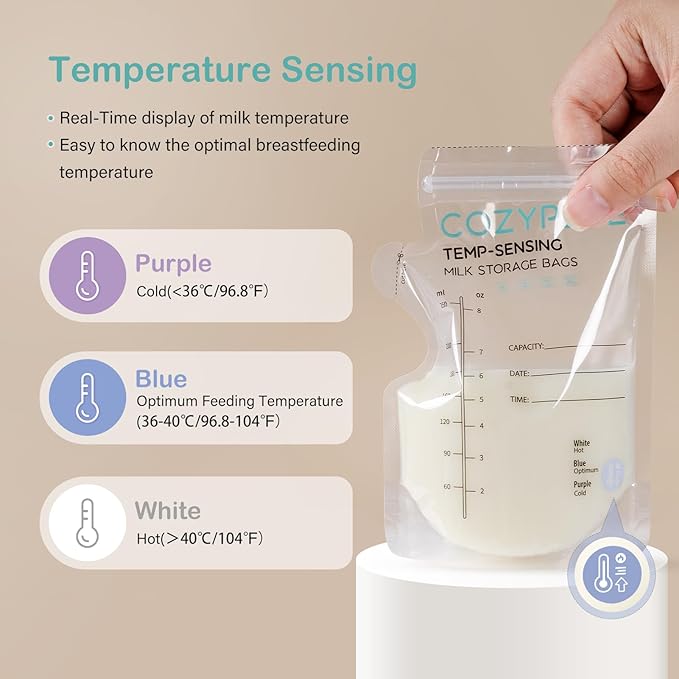 100 Pcs Breastmilk Storage Bags, 8Oz Breast Milk Storing Bag with Pour Spout, Temperature-Sensing Color Change Milk Bag for Convenient Breastfeeding, No Leak Presterilized for Freezer-CubbioJoy