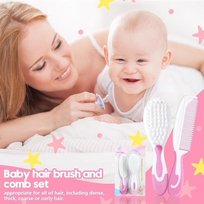 Baby Hair Brush and Comb Sets, New Born Baby Hair Brushes, Perfect Baby Registry Gift for Newborns(Pink)-CubbioJoy