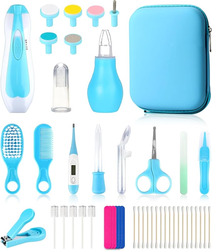 Baby Grooming and Healthcare Kit, Portable Baby Safety Care Set with Hair Brush Comb Nail Clipper Nasal Aspirator for Nursery Newborn Infant Girl Boy (31 in 1, Blue)-CubbioJoy