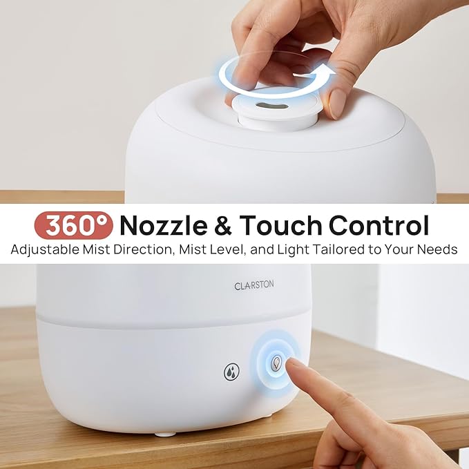 2L Cool Mist Humidifier for Bedroom with 360° Adjustable Nozzle, High and Low Mist Levels, Ultra-Low Noise, Light-Off, No BPA, Auto Shut Off, Ideal Baby Humidifier with Easy Top Filling-CubbioJoy