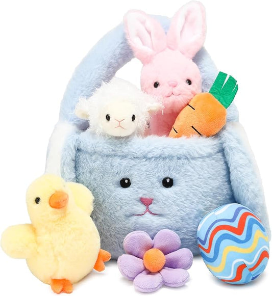 7 Piece Plush Stuffed Animals Playset Toys with Rabbit, Chick, Lamb, Carrot, Egg, Flower, Furry Bag, Soft Basket Set Toys for Girls Kids Ages 3+, Birthday Christmas Valentines Easter Party Favors-CubbioJoy
