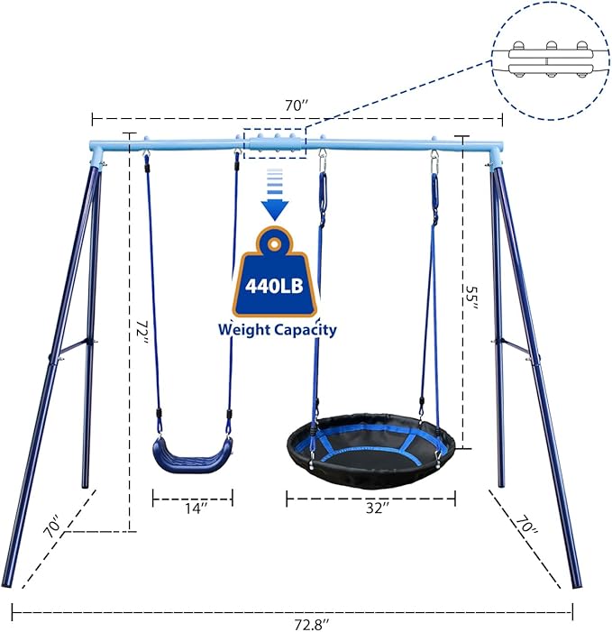2 Seat Swing Set for Backyard - Metal A-Frame Holds 440 lbs, 1 Adjustable Saucer Swing and 1 u-Shape Swing - Suitable for Kids 3-8 Years-CubbioJoy