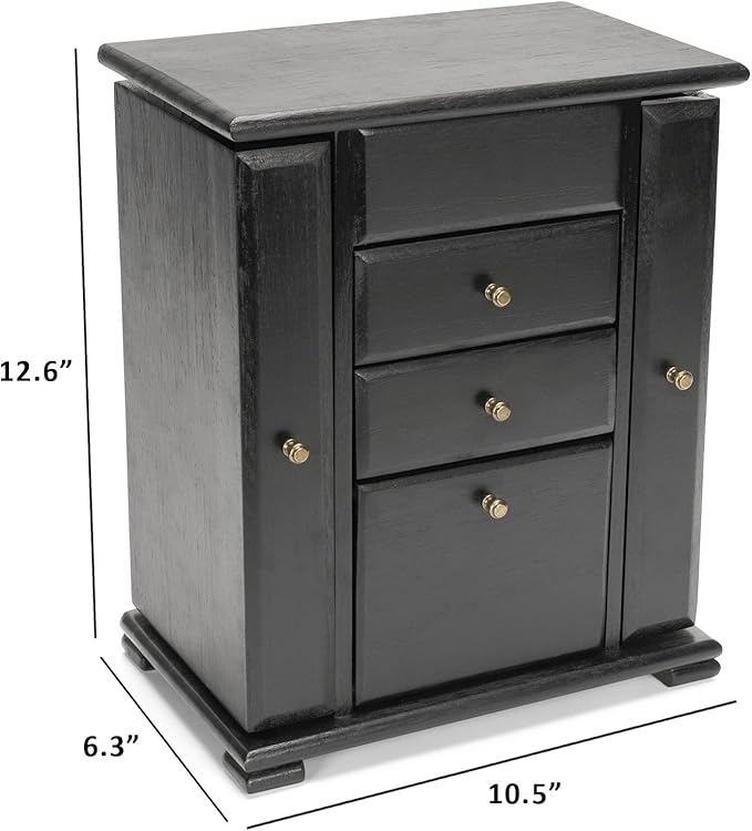 Jewelry Box for Women, Rustic Wooden Jewelry Boxes & Organizers with Mirror, 4 Layer Jewelry Organizer Box Display for Rings Earrings Necklaces Bracelets (Black)-CubbioJoy