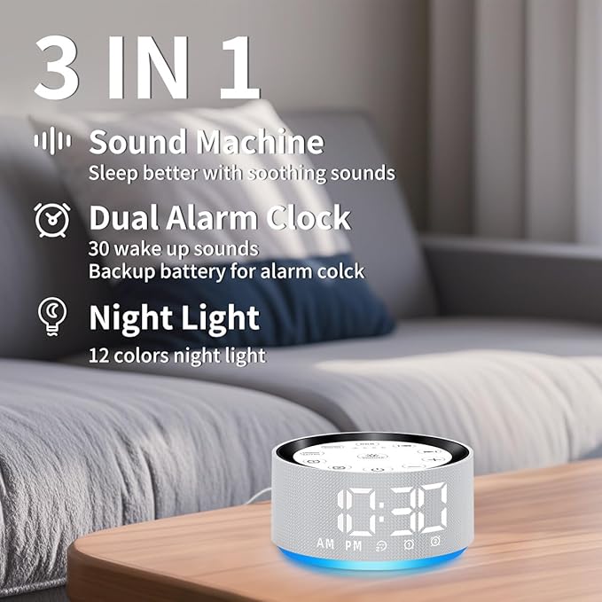 Brown Noise Machine Alarm Clock Sound White Noise Machine Night Light with 30 Sleeping Sounds for Baby Kids Adults 2 Alarms Backup Battery 32 Level Volume 15 Wake up Sounds for Mild Heavy Sleeper-CubbioJoy